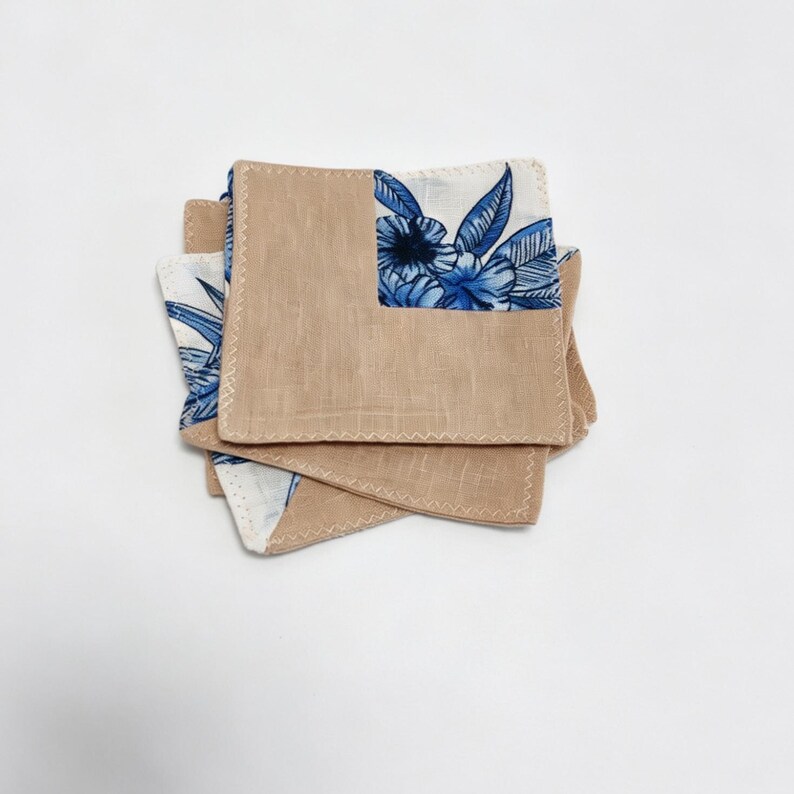 Washed Linen Coaster, Blue Floral Spliced Design, Handmade Square Heat Insulation Pad image 3