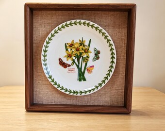 Ceramic Plate Display,Black Walnut Tabletop Frame,Birth Flower,Vintage Botanical Floral Decor