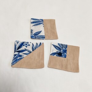 Washed Linen Coaster, Blue Floral Spliced Design, Handmade Square Heat Insulation Pad 3pcs Set, One Each