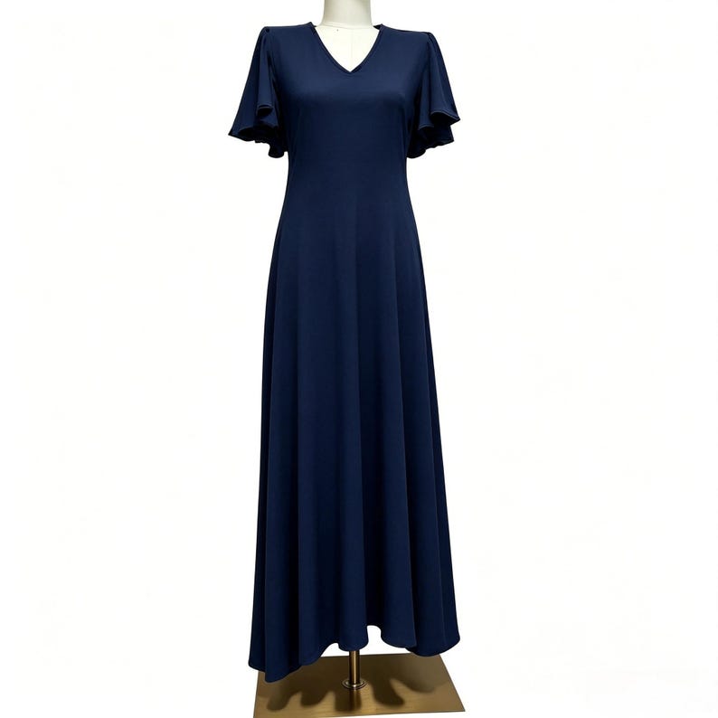 Custom Maxi Ruffle Sleeves Dress,Classic Large Polka Dot Pastoral Style,Ramie & Tencel navy blue