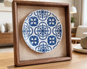Ceramic Plate Display,Black Walnut Tabletop Frame,Vintage Blue and White Floral Decor