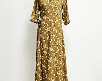 Custom Hand-sewn Ramie Tencel Dress,Three-quarter Sleeve Wrap Dress,Mustard Floral