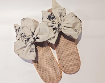Hand-Sewn Bow Linen Slippers, Khaki Vacation Style Lightweight Slippers,Matching Dress Fittings