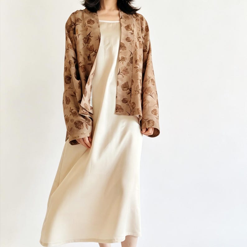 Vintage Floral Leinen Tencel Cardigan, lose Flugzeug Ärmelabdeckung Kimono&Silk Dress