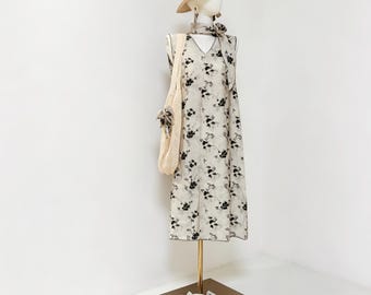 Custom Hand-sewn Ramie Tencel Dress, Vintage Floral Print, Sleeveless V-Neck, Full Matching Set