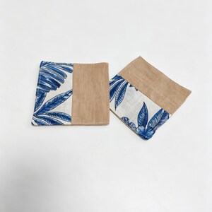 Washed Linen Coaster, Blue Floral Spliced Design, Handmade Square Heat Insulation Pad 2pcs Set, Rectangle