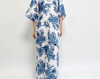 Custom 100% Washed Linen Ankle-Length Dress, Pastoral Vacation Style, V-Neck with Mid Sleeves