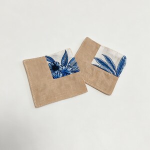 Washed Linen Coaster, Blue Floral Spliced Design, Handmade Square Heat Insulation Pad 2pcs Set, Square