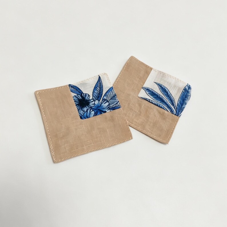 Washed Linen Coaster, Blue Floral Spliced Design, Handmade Square Heat Insulation Pad 2pcs Set, Square