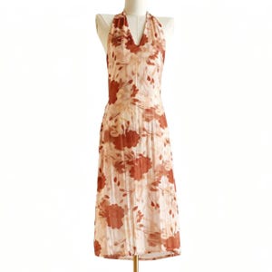 Custom Halter Neck Dress Full Set,Linen & Tencel Fabric, Reddish-brown Large Floral Print image 6