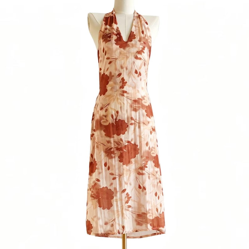 Custom Halter Neck Dress Full Set,Linen & Tencel Fabric, Reddish-brown Large Floral Print image 6