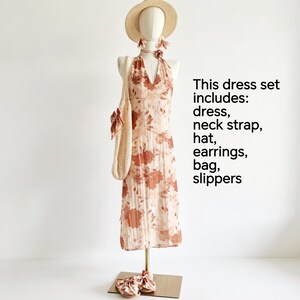 Custom Halter Neck Dress Full Set,Linen & Tencel Fabric, Reddish-brown Large Floral Print image 2