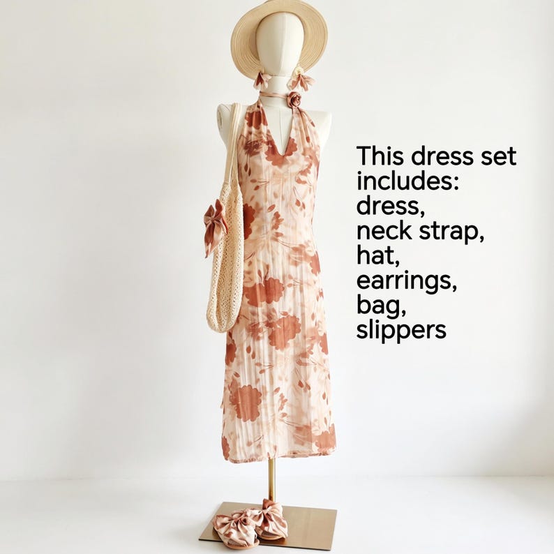 Custom Halter Neck Dress Full Set,Linen & Tencel Fabric, Reddish-brown Large Floral Print image 2