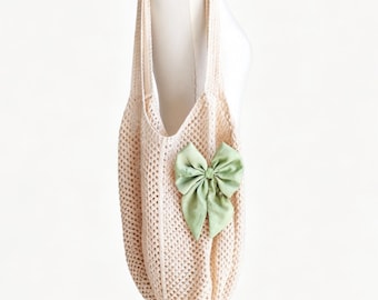 Hand-Sewn Bow Decor Woven Bag, Beige Mesh Tote Bag,Matching Dress Fittings