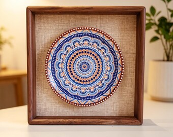 Ceramic Plate Display,Black Walnut Tabletop Frame,Vintage Bohemian Floral Decor