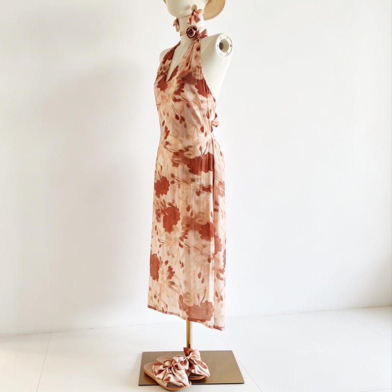 Custom Halter Neck Dress Full Set,Linen & Tencel Fabric, Reddish-brown Large Floral Print image 3