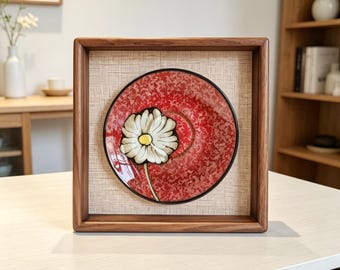 Ceramic Plate Display,Black Walnut Tabletop Frame,Vintage Colorful Hand-painted Floral Decor