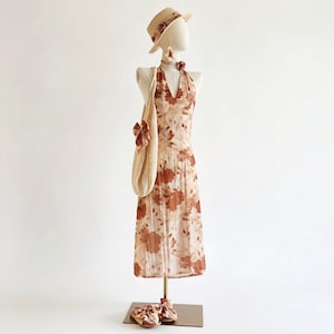 Custom Halter Neck Dress Full Set,Linen & Tencel Fabric, Reddish-brown Large Floral Print image 1