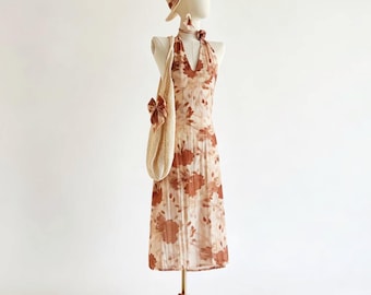 Custom Halter Neck Dress Full Set,Linen & Tencel Fabric, Reddish-brown Large Floral Print