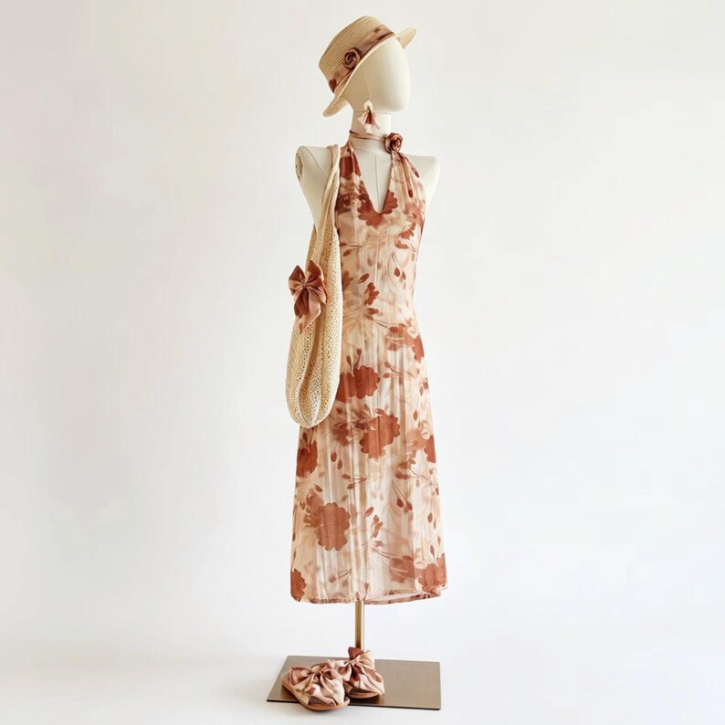 Custom Halter Neck Dress Full Set,Linen & Tencel Fabric, Reddish-brown Large Floral Print image 1