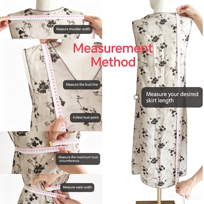 May include: A mannequin in a floral print dress with measurement instructions. The image shows how to measure shoulder width, bust line, fullest bust point, maximum bust circumference, waist width, and skirt length using a measuring tape. Text overlay reads "Measurement Method."