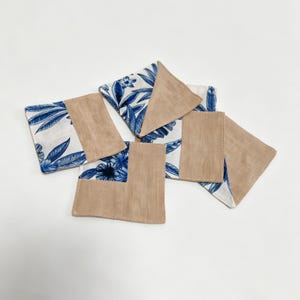 Washed Linen Coaster, Blue Floral Spliced Design, Handmade Square Heat Insulation Pad 6pcs Set, Two Each