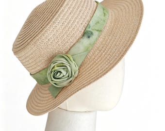 Hand-sewn Rose Decor Straw Sun Hat,Wide Brim Summer Hat,Matching Green Floral Print