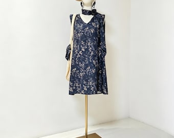 Custom Hand-sewn Ramie Tencel Dress, Navy Floral Vine Print, Sleeveless V-Neck, Full Matching Set