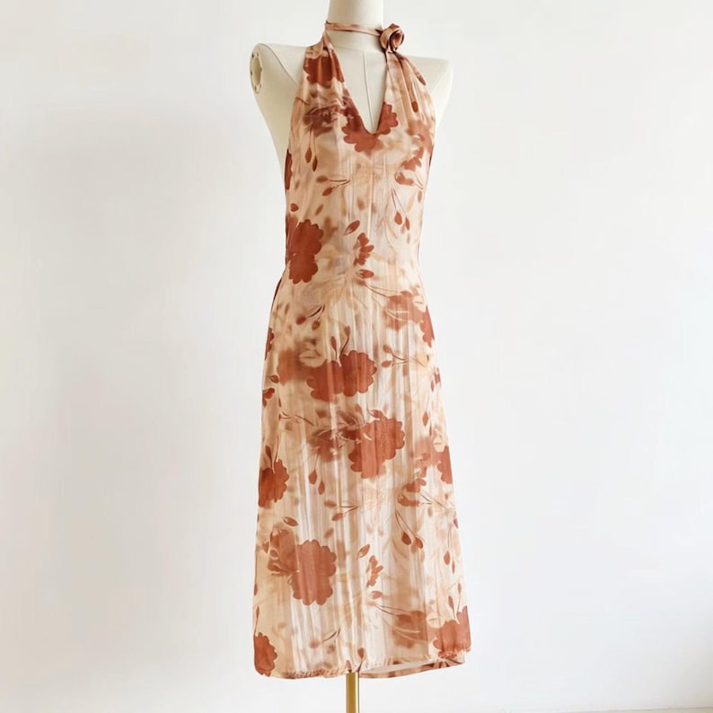 Custom Halter Neck Dress Full Set,Linen & Tencel Fabric, Reddish-brown Large Floral Print image 5