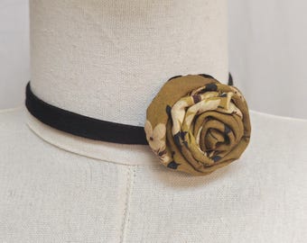 Hand-stitched Fabric Rose Choker,Ramie & Tencel,925 silver connector clasp,Mustard Floral