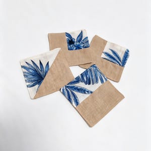 Washed Linen Coaster, Blue Floral Spliced Design, Handmade Square Heat Insulation Pad 4pcs Random