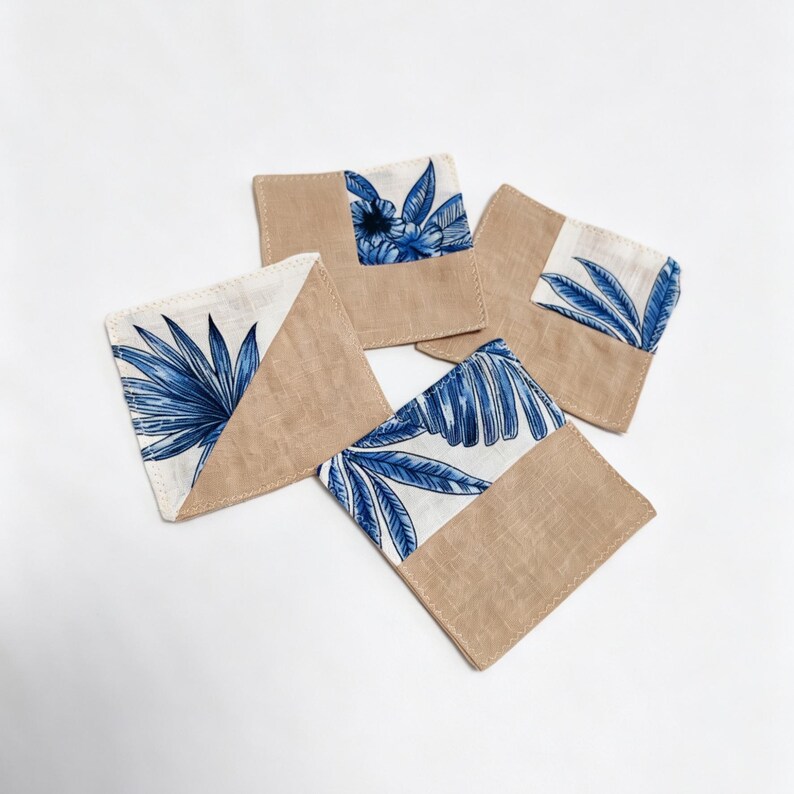 Washed Linen Coaster, Blue Floral Spliced Design, Handmade Square Heat Insulation Pad 4pcs Random