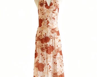 Custom Halter Neck Dress,Linen & Tencel Fabric, Reddish-brown Large Floral Print
