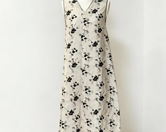 Custom Hand-sewn Ramie Tencel Dress, Vintage Floral Print, Sleeveless V-Neck, Eco-friendly Fabric