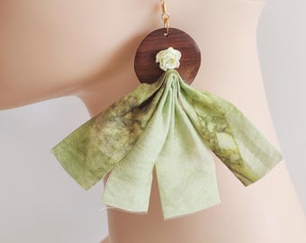 Hand-sewn Redwood Tassel Earrings, 925 Sterling Silver, Matching Green Floral Fabric Drops