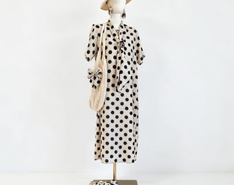 Custom Hand-sewn Ramie Tencel Dress,Pollka Dots Print,Short Sleeve C-Neck, Full Matching Set