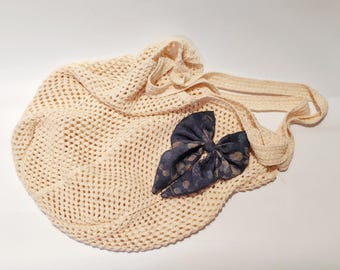 Hand-Sewn Bow Decor Woven Bag, Beige Mesh Tote Bag, Matching Vintage Navy Blue Floral Vine Print