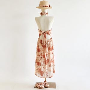 Custom Halter Neck Dress Full Set,Linen & Tencel Fabric, Reddish-brown Large Floral Print image 4