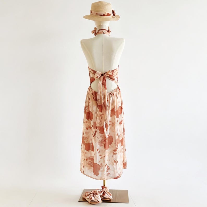 Custom Halter Neck Dress Full Set,Linen & Tencel Fabric, Reddish-brown Large Floral Print image 4