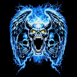May include: A graphic design featuring three skulls with blue lightning and wings on a black background. The central skull has an open mouth and horns, with yellow eyes. The design has a heavy metal or gothic theme.