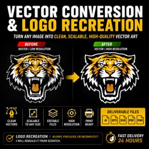 Puede incluir: Una pantalla gráfica para servicios de conversión vectorial y recreación de logotipos. Muestra una cabeza de tigre antes y después del procesamiento, con texto que detalla arte vectorial limpio, escalable y de alta calidad.