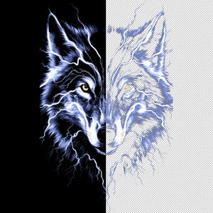 May include: A striking graphic of a wolf's face, split vertically. The left side is a detailed illustration in shades of blue and white, with lightning bolt-like streaks. The right side is a faded, transparent version of the same image. The wolf has yellow eyes.