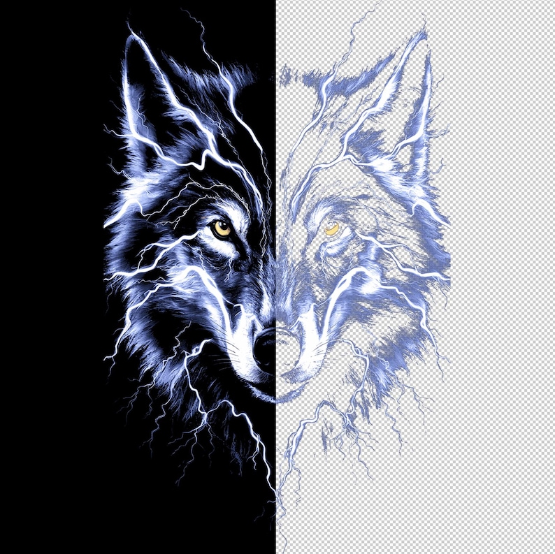 May include: A striking graphic of a wolf's face, split vertically. The left side is a detailed illustration in shades of blue and white, with lightning bolt-like streaks. The right side is a faded, transparent version of the same image. The wolf has yellow eyes.