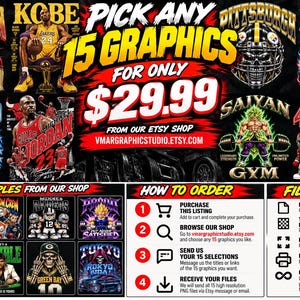 Może przedstawiać: Reklama cyfrowego pakietu grafik przedstawiająca różne ilustracje sportowe i popkulturowe, w tym Hulka Hogana, Kobe Bryanta i graczy futbolu amerykańskiego. Tekst głosi Pick Any 15 Graphics For Only $29.99.