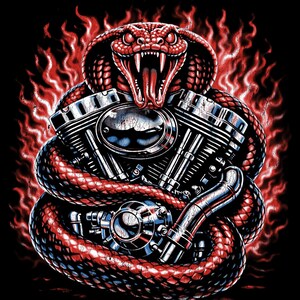 May include: A graphic illustration of a red cobra snake coiled around a motorcycle engine. The snake has its mouth open, revealing fangs, with flames in the background. The engine is silver and blue, set against a black background.