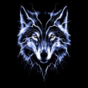 May include: A digital illustration of a wolf's head with blue and white lightning bolts emanating from its features. The wolf has yellow eyes and a black background. The image is a striking representation of power and nature.