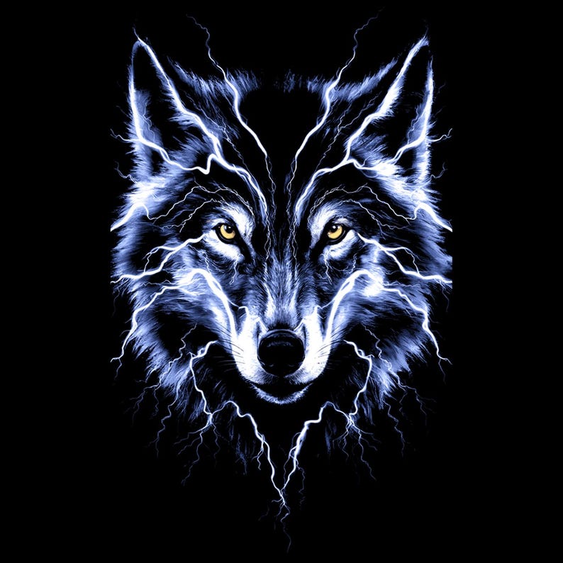 May include: A digital illustration of a wolf's head with blue and white lightning bolts emanating from its features. The wolf has yellow eyes and a black background. The image is a striking representation of power and nature.