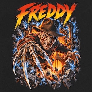 May include: A black t-shirt featuring a graphic print of Freddy Krueger wearing a brown fedora and a striped sweater. The character has a scarred face and a metal clawed glove reaching forward, surrounded by blue lightning, pipes, and debris.