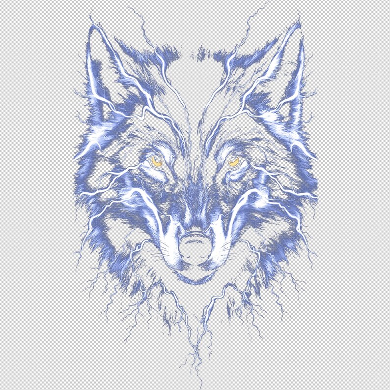 May include: A detailed illustration of a wolf's head, rendered in shades of blue and white. The wolf's eyes are yellow, and lightning bolt-like patterns emanate from the head, creating a striking visual effect. The background is transparent.