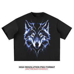 May include: Black t-shirt featuring a detailed wolf face design with blue lightning bolt accents. The wolf's eyes are yellow. The text at the bottom reads "HIGH RESOLUTION PNG FORMAT (HALFTONE BLACK KNOCKOUT)".